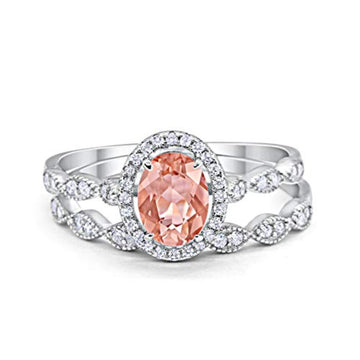 Halo Bridal Set Piece Oval Simulated Morganite CZ Ring 925 Sterling Silver